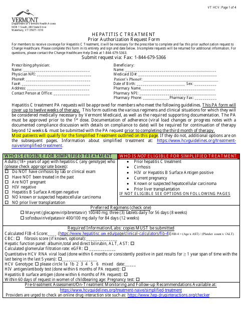 Hepatitis C Treatment Prior Authorization Request Form - Vermont Download Pdf