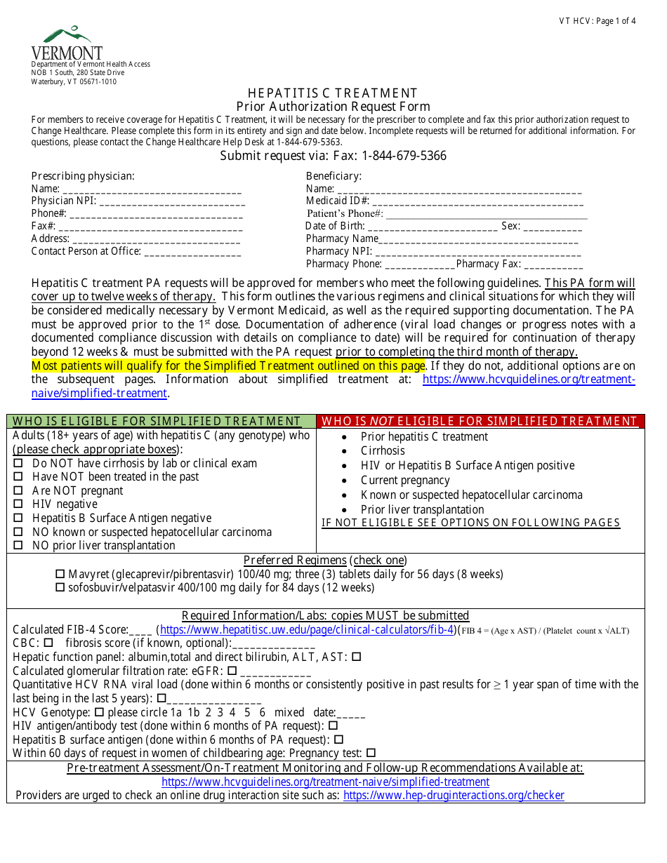 Hepatitis C Treatment Prior Authorization Request Form - Vermont, Page 1