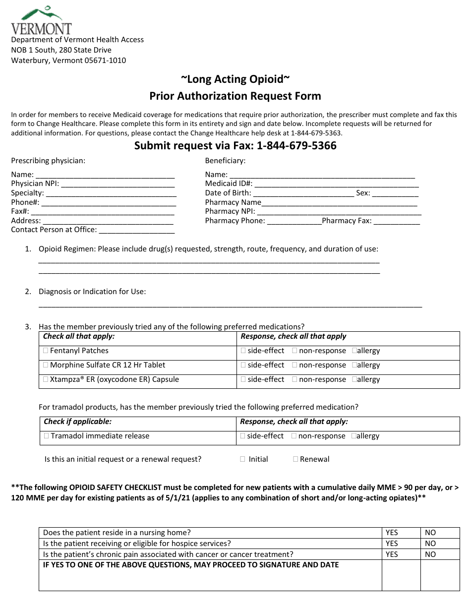 Long Acting Opioids Prior Authorization Request Form - Vermont, Page 1