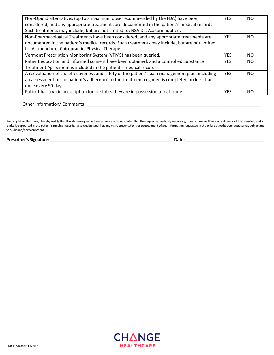 Long Acting Opioids Prior Authorization Request Form - Vermont, Page 2