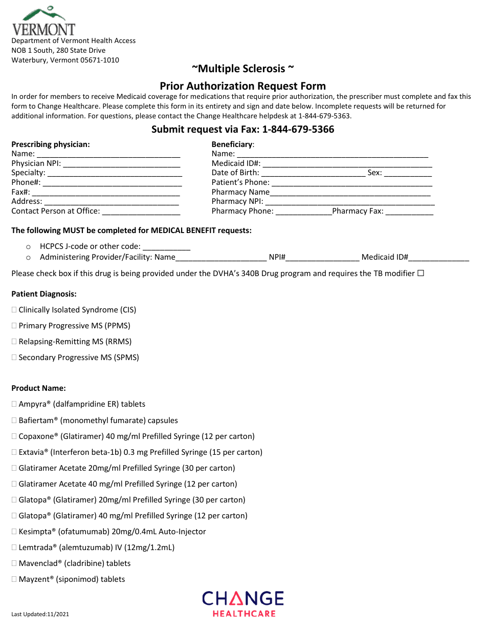 Multiple Sclerosis Prior Authorization Request Form - Vermont, Page 1