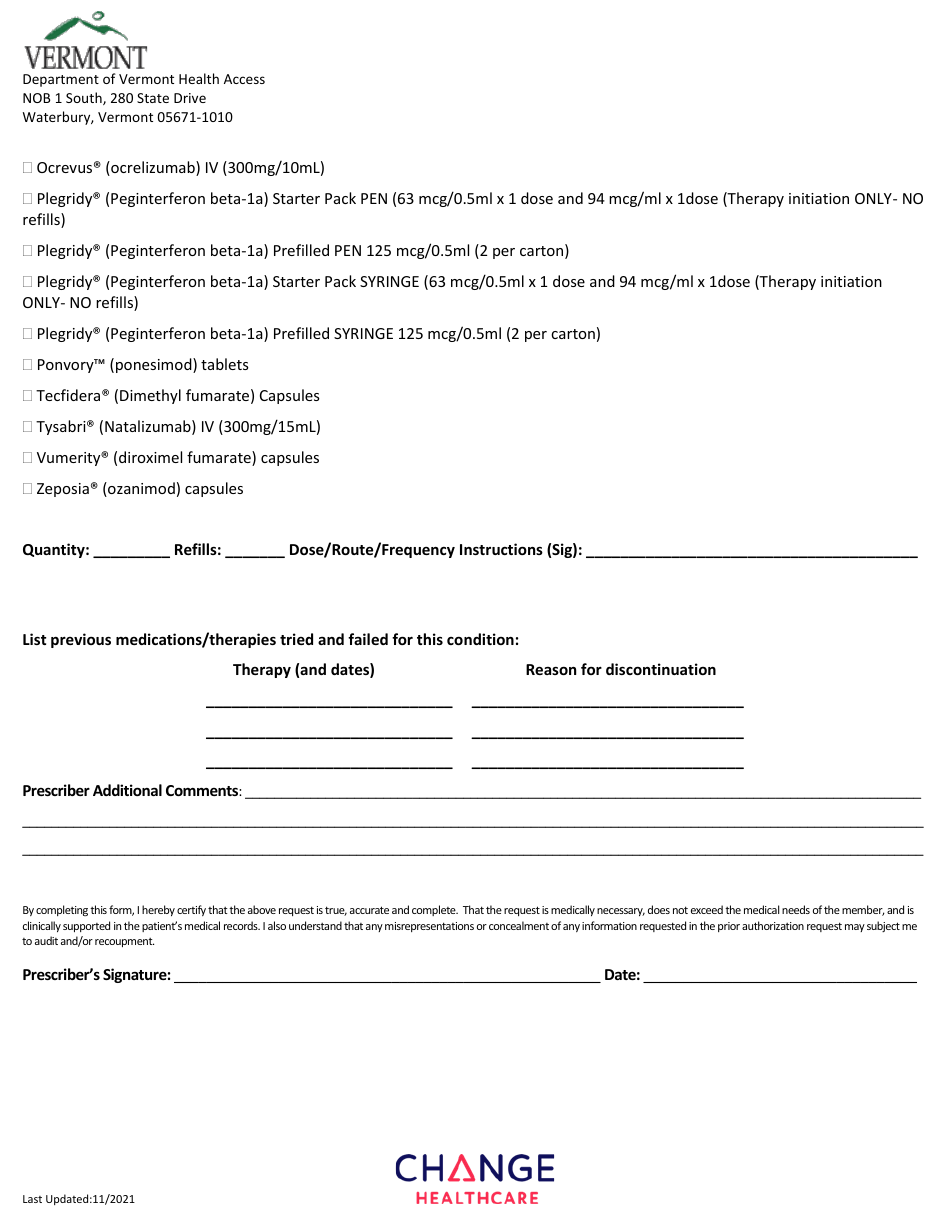 Multiple Sclerosis Prior Authorization Request Form - Vermont, Page 2
