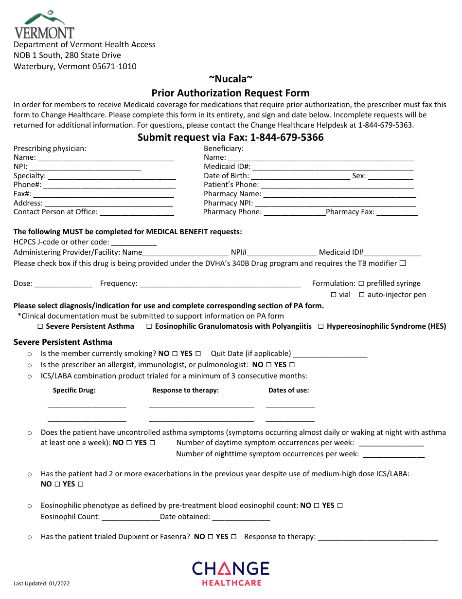 Nucala Prior Authorization Request Form - Vermont, Page 1