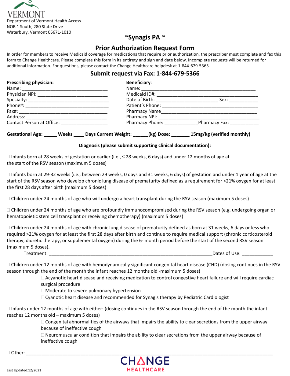 Synagis Pa Prior Authorization Request Form - Vermont, Page 1