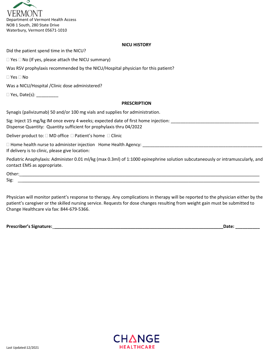 Vermont Synagis Pa Prior Authorization Request Form Fill Out Sign Online And Download Pdf 5338