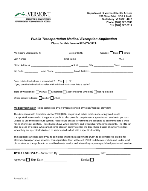 Public Transportation Medical Exemption Application - Vermont Download Pdf