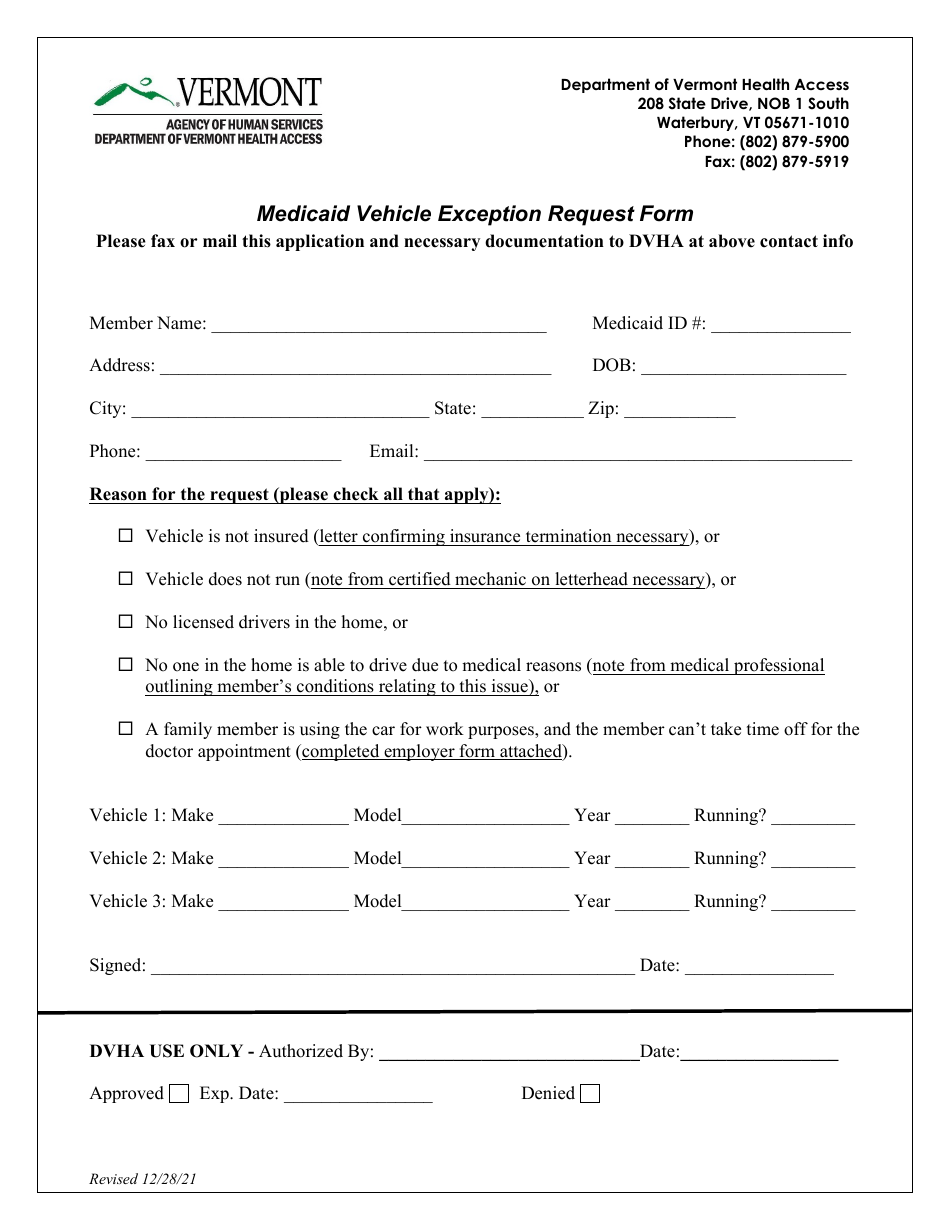 Medicaid Vehicle Exception Request Form - Vermont, Page 1