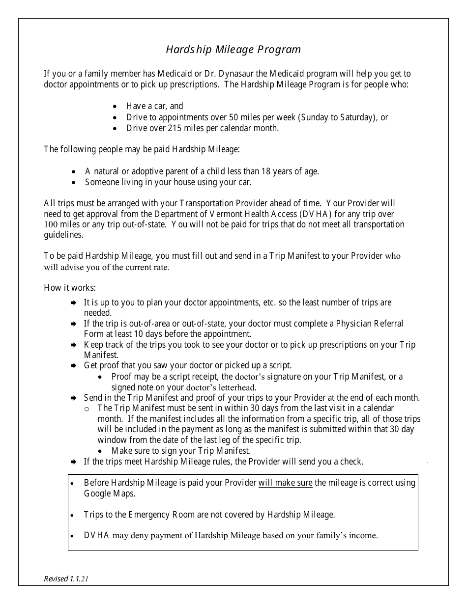 Hardship Mileage Waiver Form - Vermont, Page 1