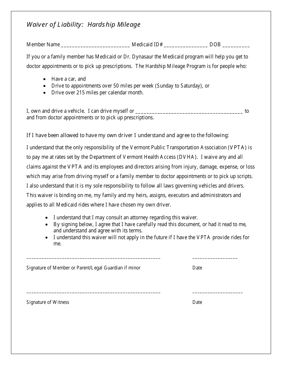Hardship Mileage Waiver Form - Vermont, Page 2