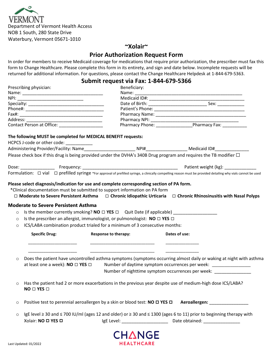 Xolair Prior Authorization Request Form - Vermont, Page 1