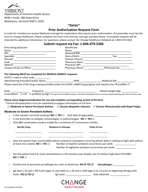 Xolair Prior Authorization Request Form - Vermont Download Pdf