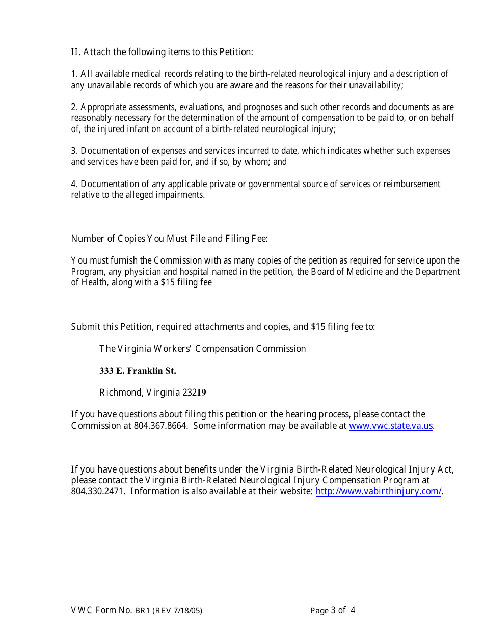 VWC Form BR1 Petition Under the Virginia Birth-Related Neurological Injury Compensation Act - Virginia, Page 3