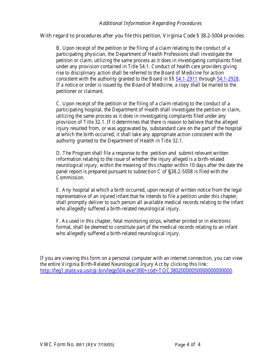 VWC Form BR1 Petition Under the Virginia Birth-Related Neurological Injury Compensation Act - Virginia, Page 4