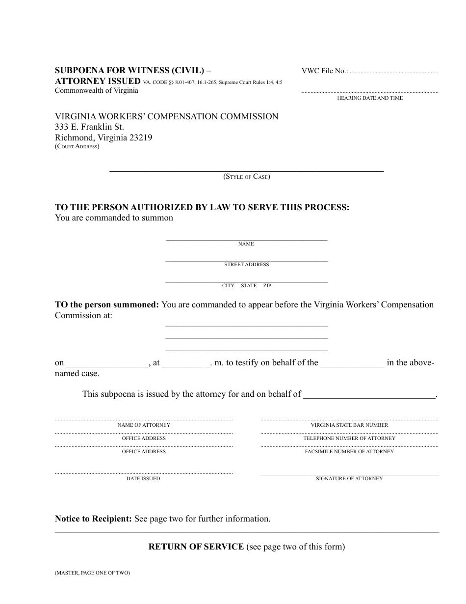 Subpoena for Witness (Civil) - Attorney Issued - Virginia, Page 1