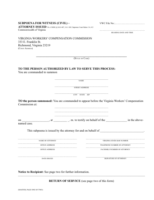Subpoena for Witness (Civil) - Attorney Issued - Virginia Download Pdf