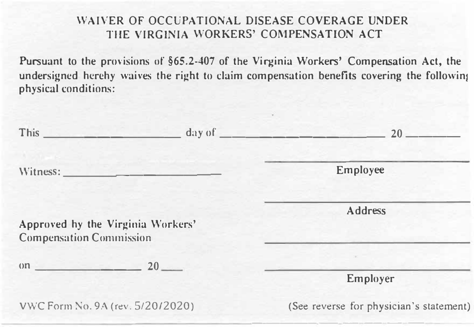 VWC Form 9A Waiver of Occupational Disease Coverage - Virginia, Page 1