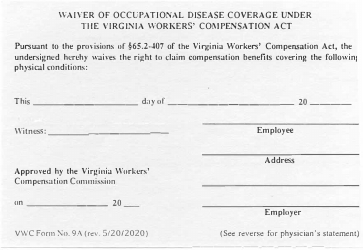 Document preview: VWC Form 9A Waiver of Occupational Disease Coverage - Virginia