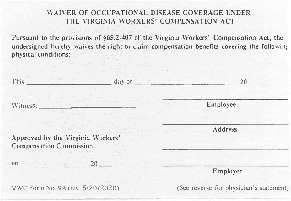 VWC Form 9A Waiver of Occupational Disease Coverage - Virginia