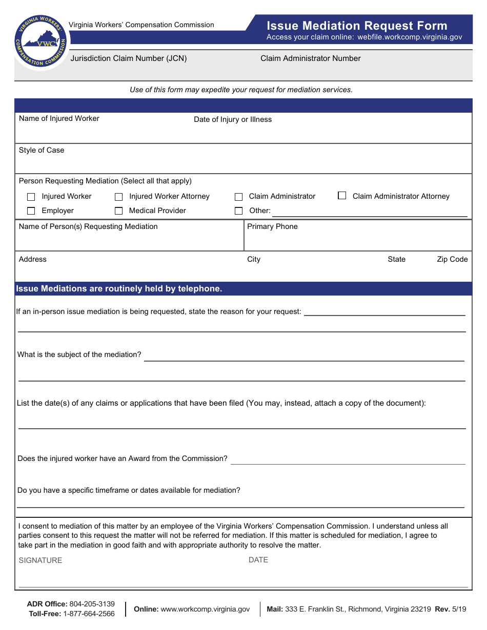 Issue Mediation Request Form - Virginia, Page 1
