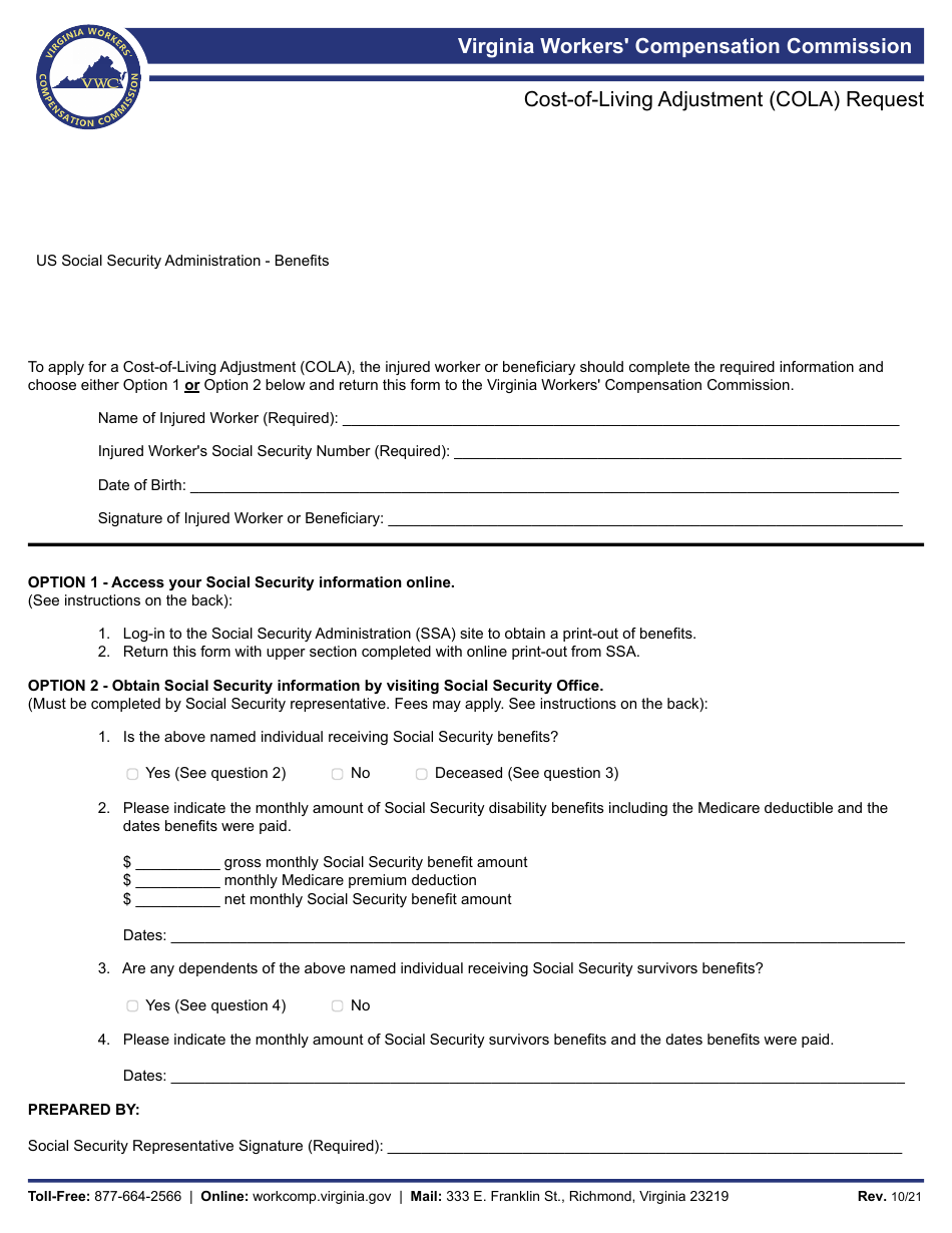 Virginia CostOfLiving Adjustment (Cola) Request Fill Out, Sign