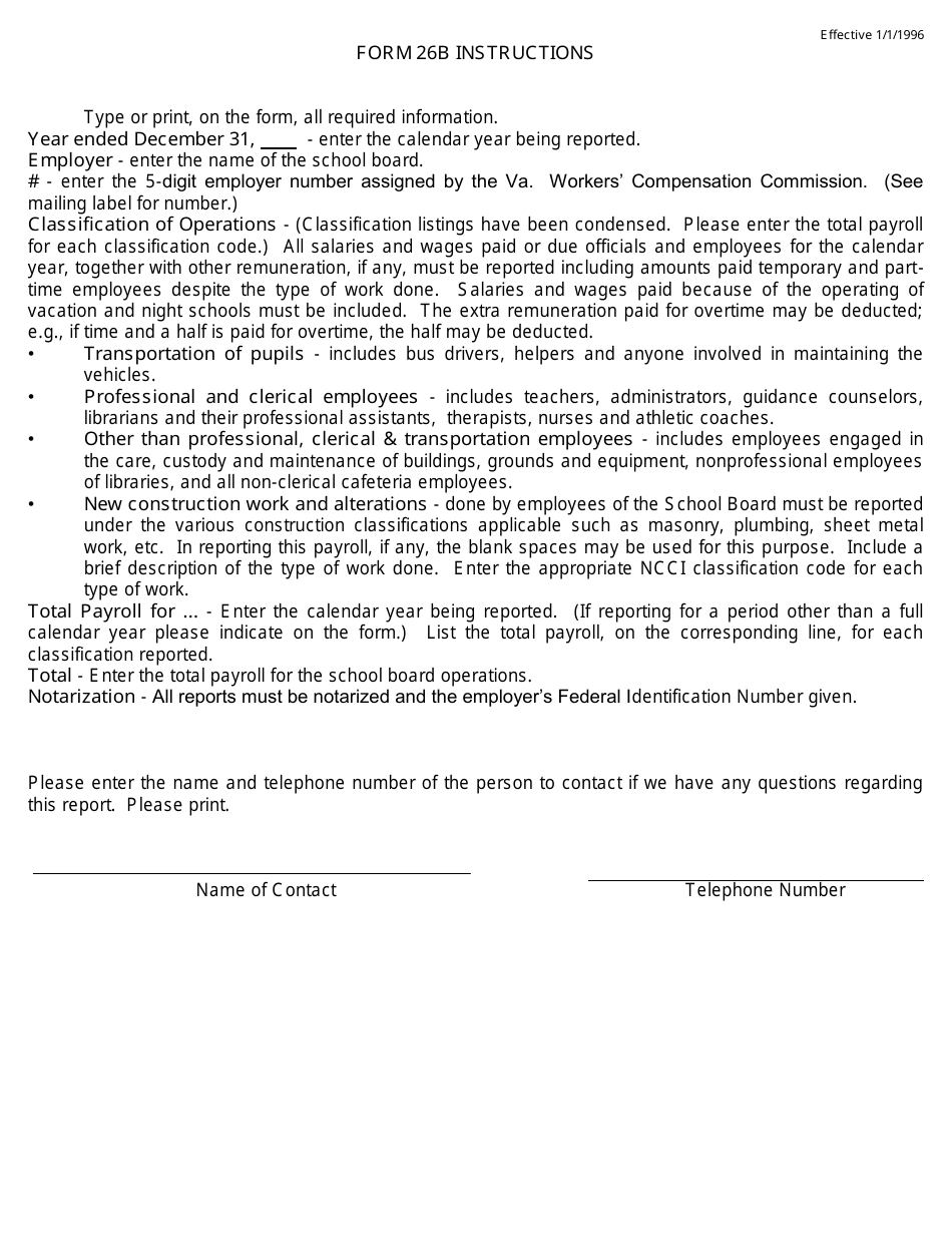 Form 26B Annual Report of Self-insurers Payroll by City, Town or County School Boards - Virginia, Page 2
