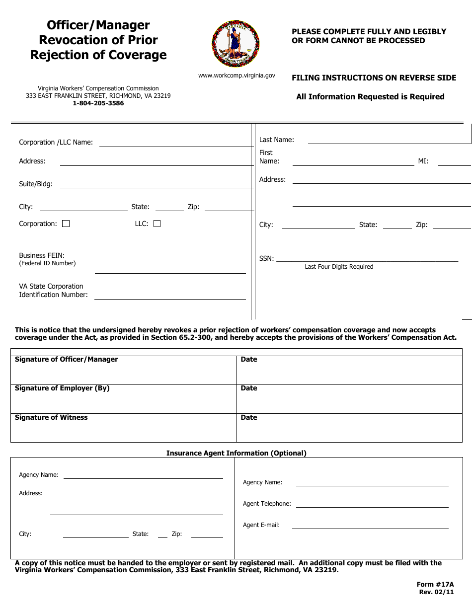 VWC Form 17A Officer / Manager Revocation of Prior Rejection of Coverage - Virginia, Page 1