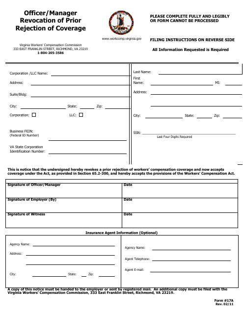 VWC Form 17A  Printable Pdf