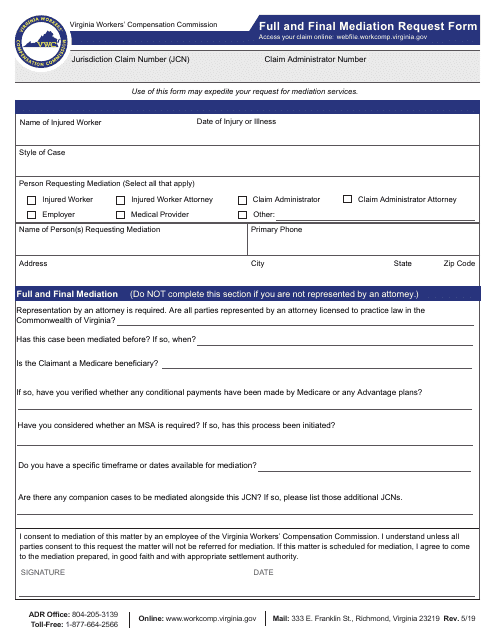 Full and Final Mediation Request Form - Virginia Download Pdf
