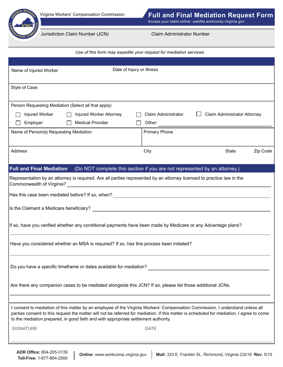 Full and Final Mediation Request Form - Virginia, Page 1