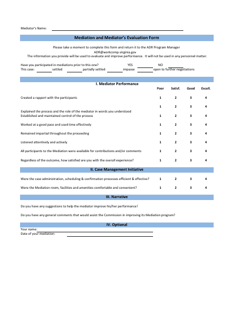 Mediation and Mediator's Evaluation Form - Virginia Download Pdf