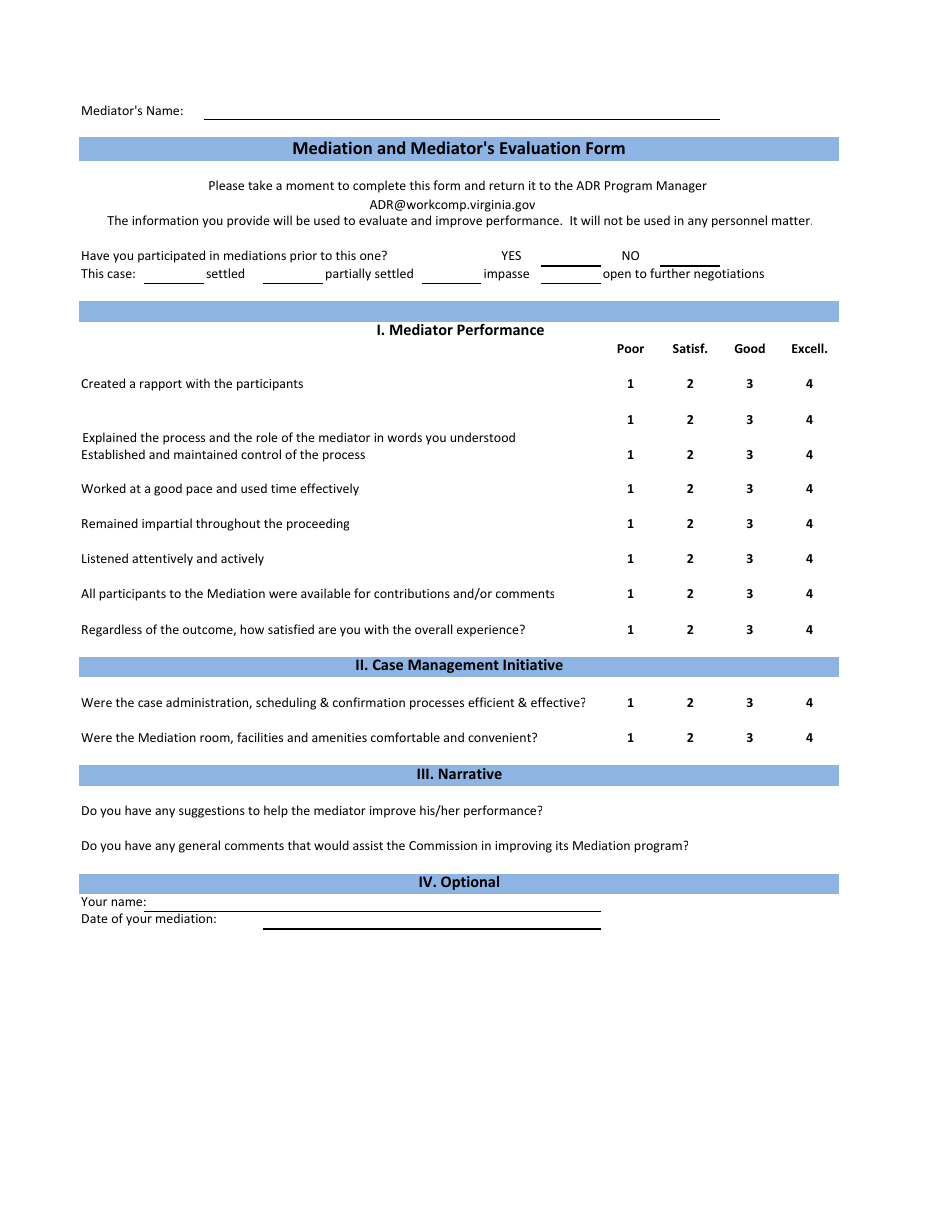 Mediation and Mediators Evaluation Form - Virginia, Page 1