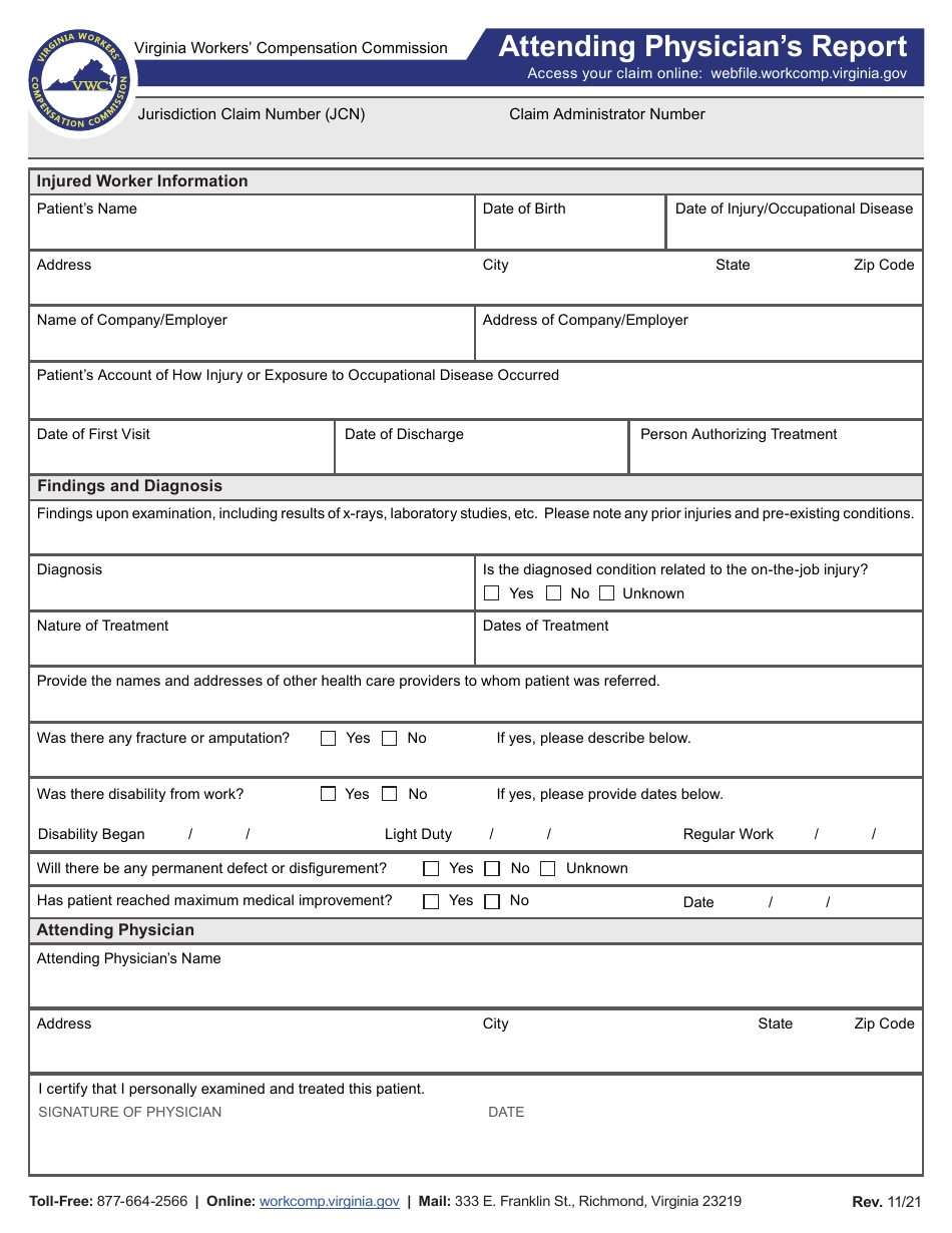 VWC Form 6 Attending Physicians Report - Virginia, Page 1