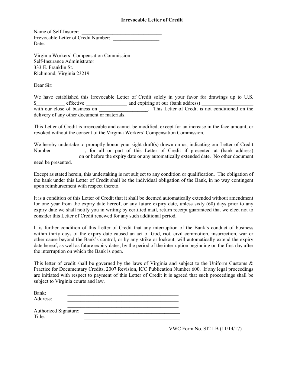 VWC Form SI21-B Irrevocable Letter of Credit - Virginia, Page 1