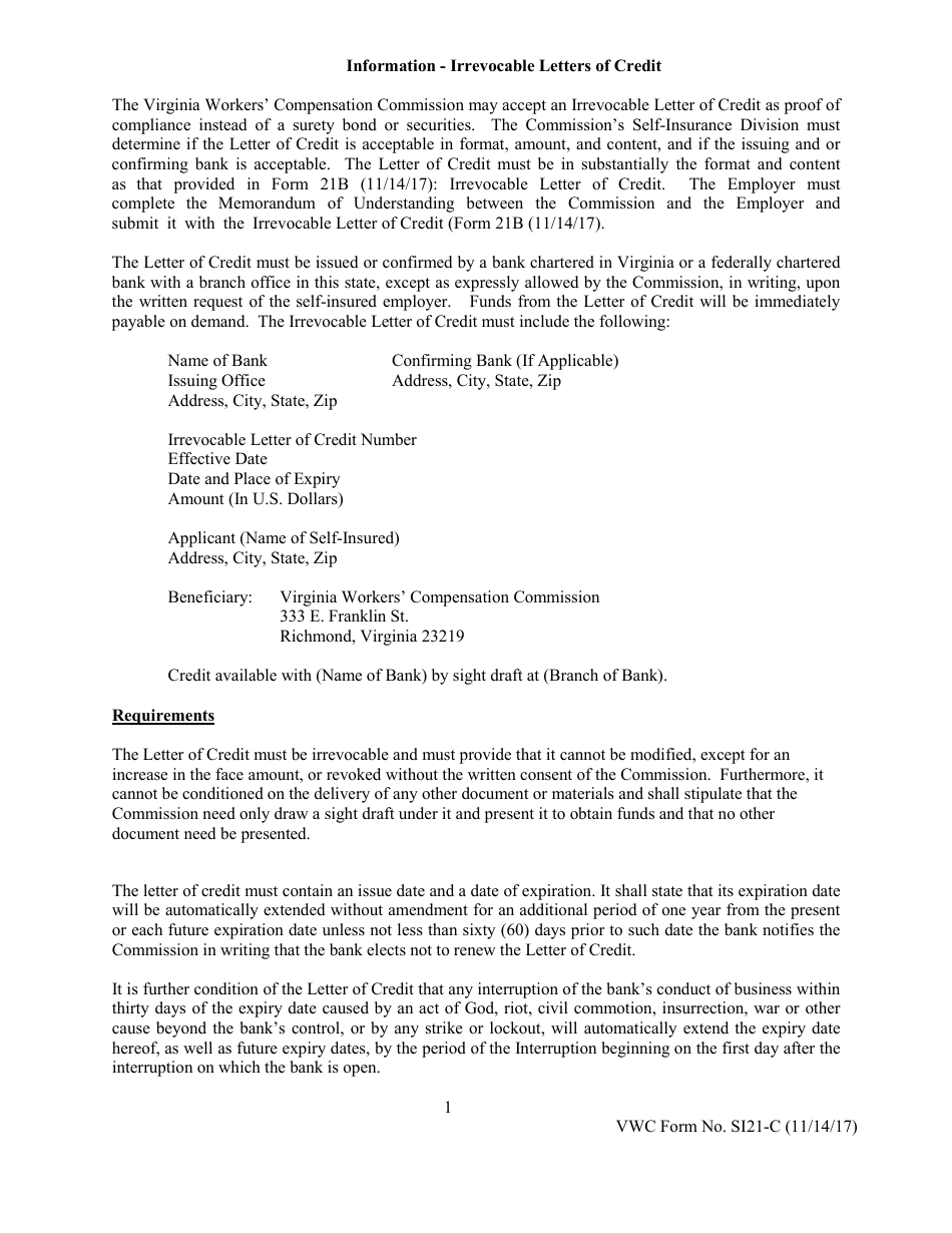 VWC Form SI21-B Irrevocable Letter of Credit - Virginia, Page 2