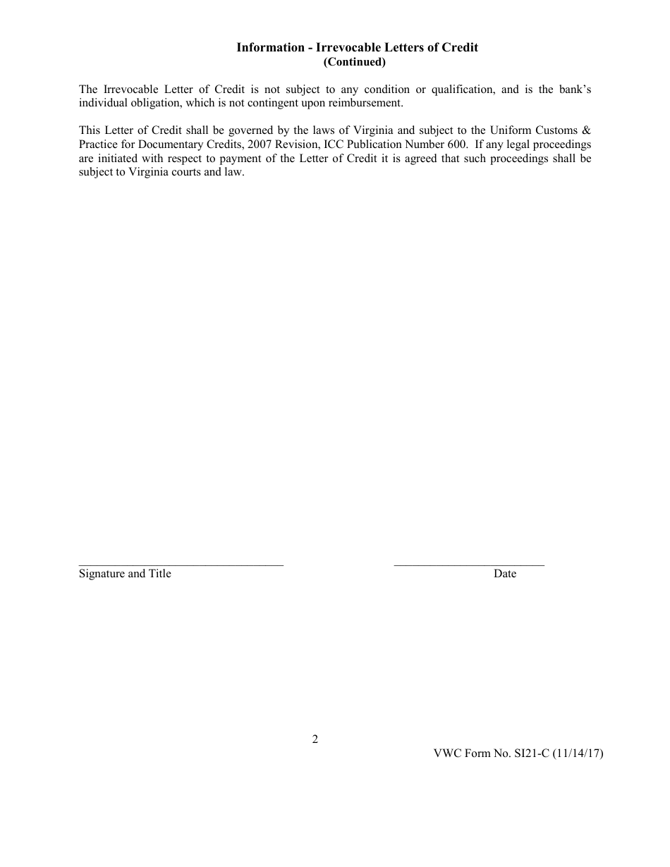 VWC Form SI21-B Irrevocable Letter of Credit - Virginia, Page 3