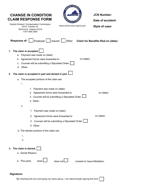 Change in Condition Claim Response Form - Virginia Download Pdf