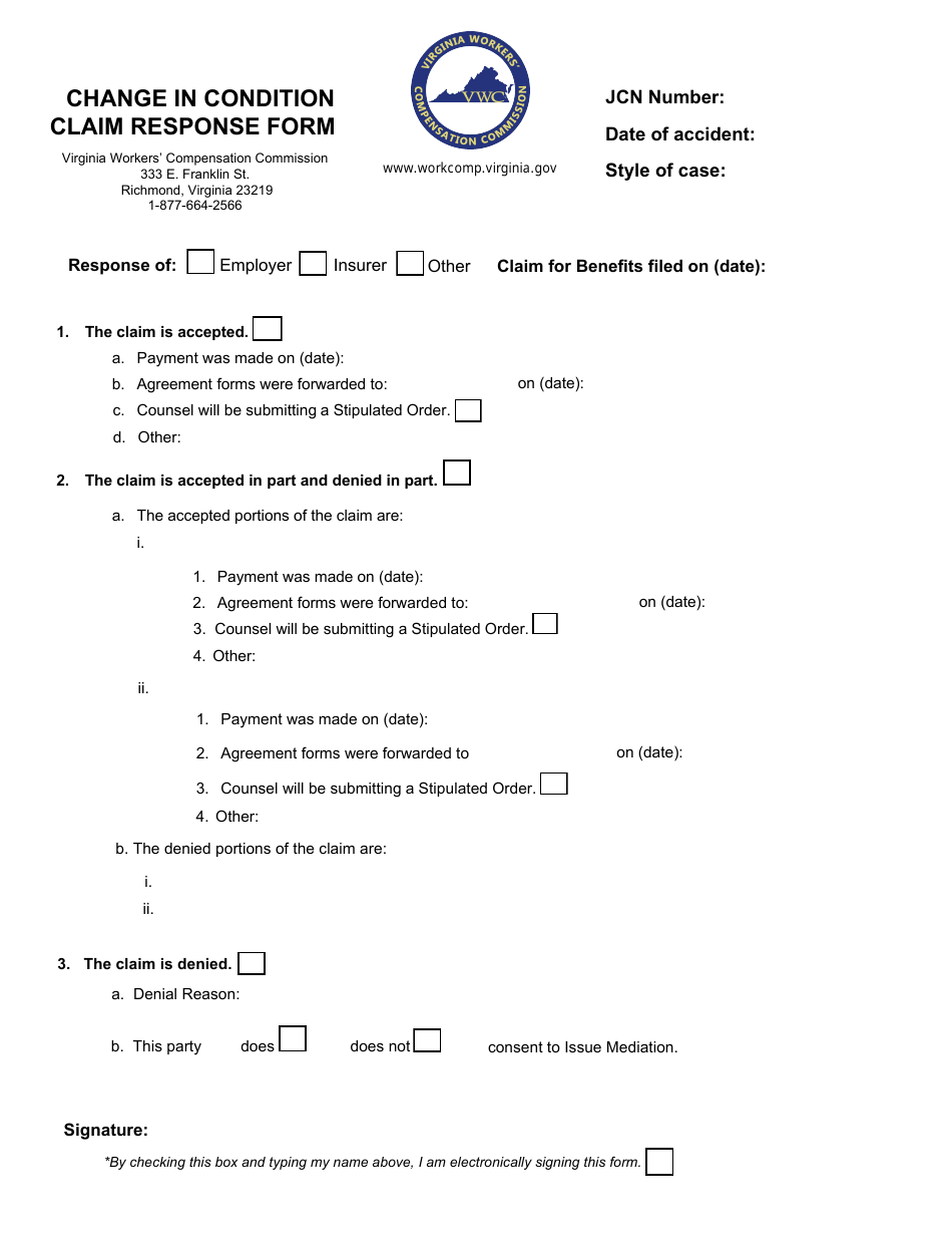 Change in Condition Claim Response Form - Virginia, Page 1