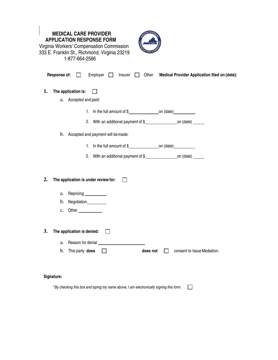 Medical Care Provider Application Response Form - Virginia, Page 1