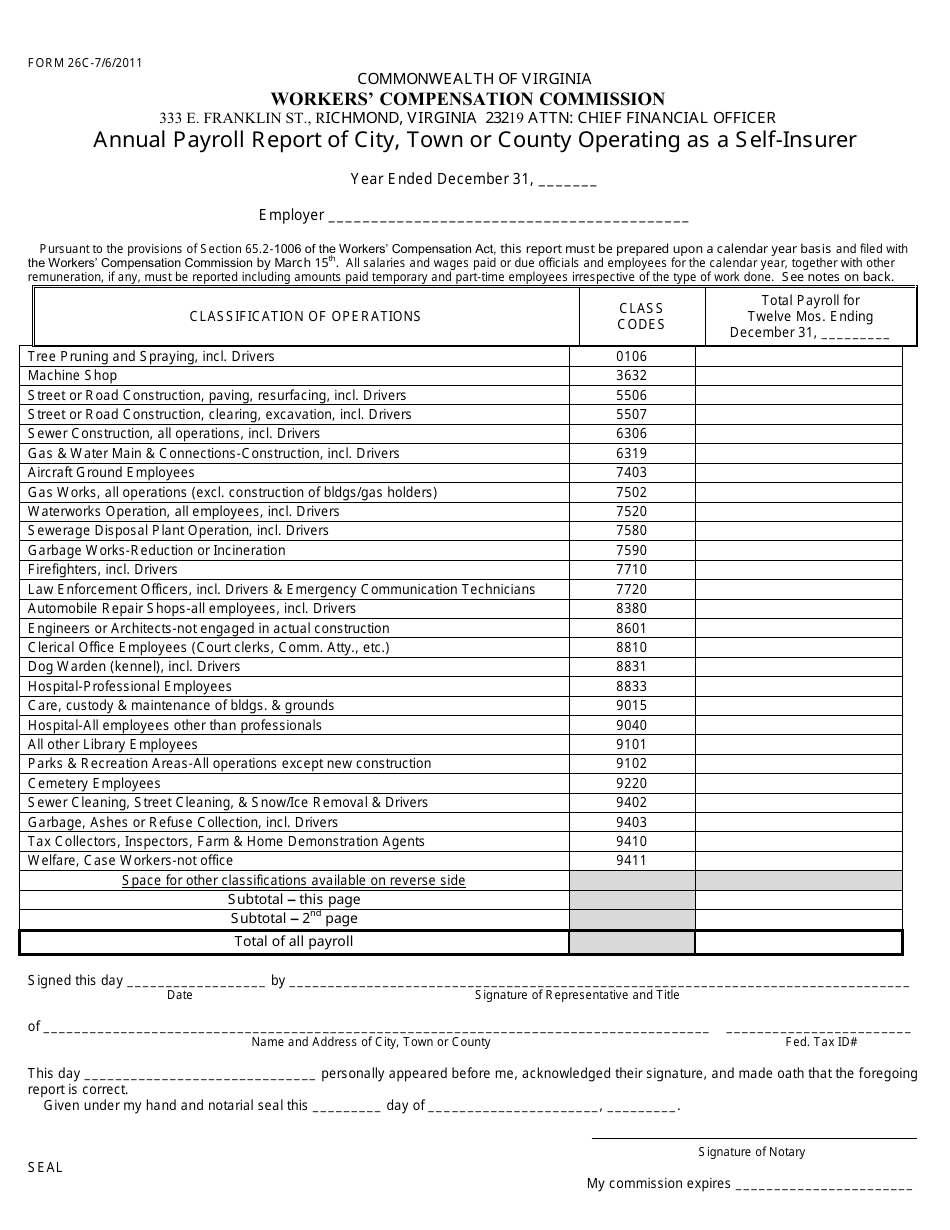 Form 26C Annual Payroll Report of City, Town or County Operating as a Self-insurer - Virginia, Page 1