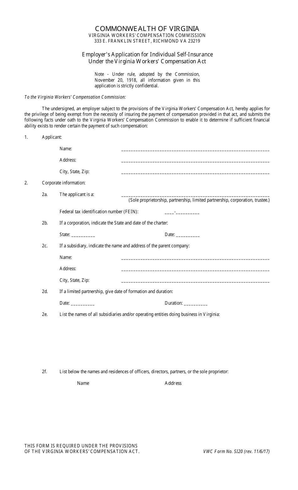 VWC Form SI20 Employers Application for Individual Self-insurance Under the Virginia Workers Compensation Act - Virginia, Page 1