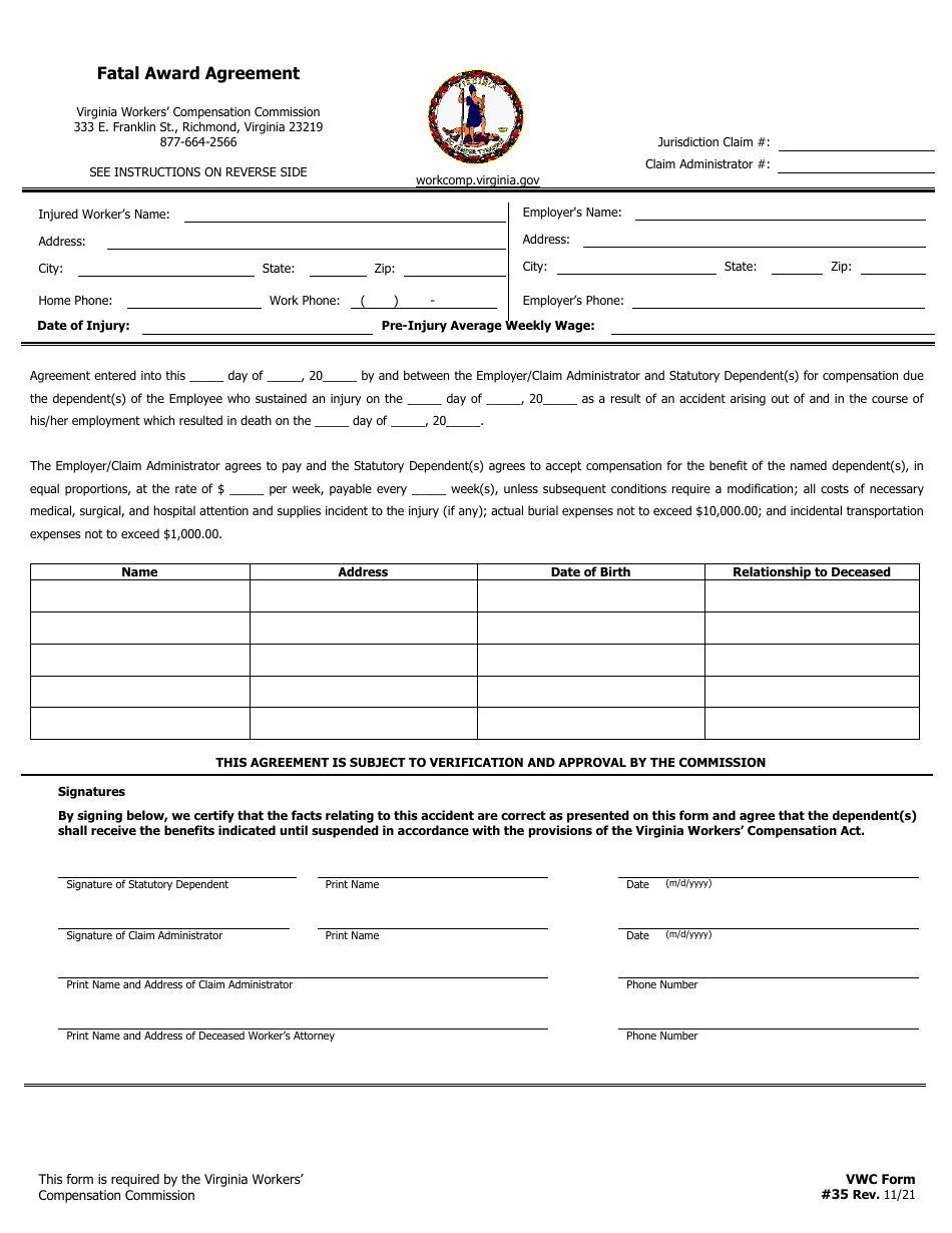 VWC Form 35 Fatal Award Agreement - Virginia, Page 1