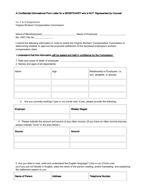Letter for Beneficiary in Fatal Case - Virginia Download Pdf