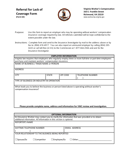 VWC Form 62 Referral for Lack of Coverage Form - Virginia