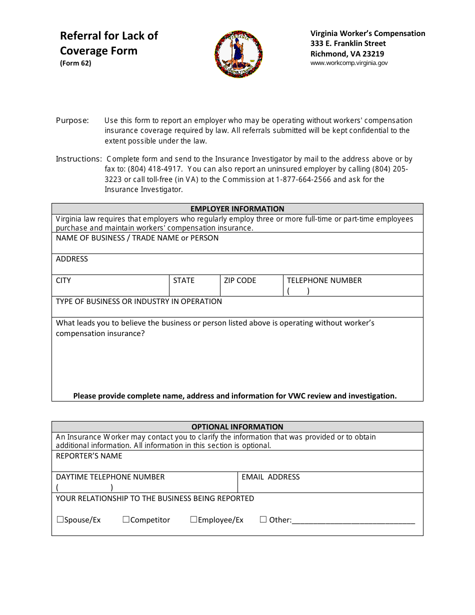 VWC Form 62 Referral for Lack of Coverage Form - Virginia, Page 1