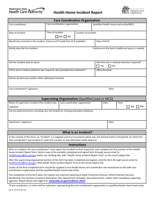 Form HCA22-813 Health Home Incident Report - Washington