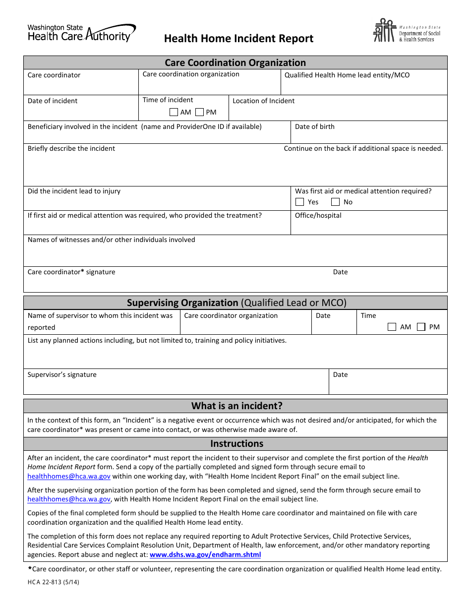 Form HCA22-813 Health Home Incident Report - Washington, Page 1