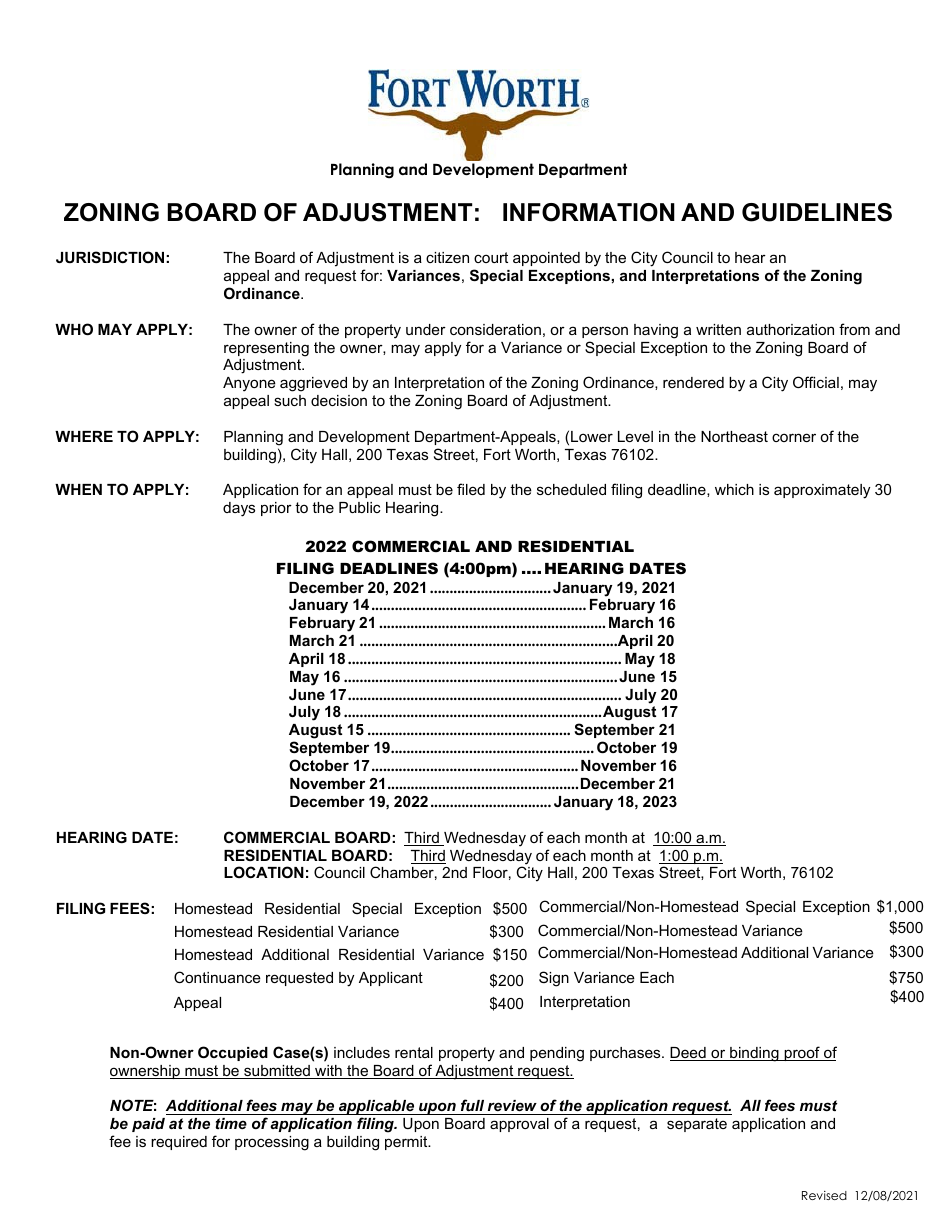 City of Fort Worth, Texas Application to the Zoning Board of Adjustment