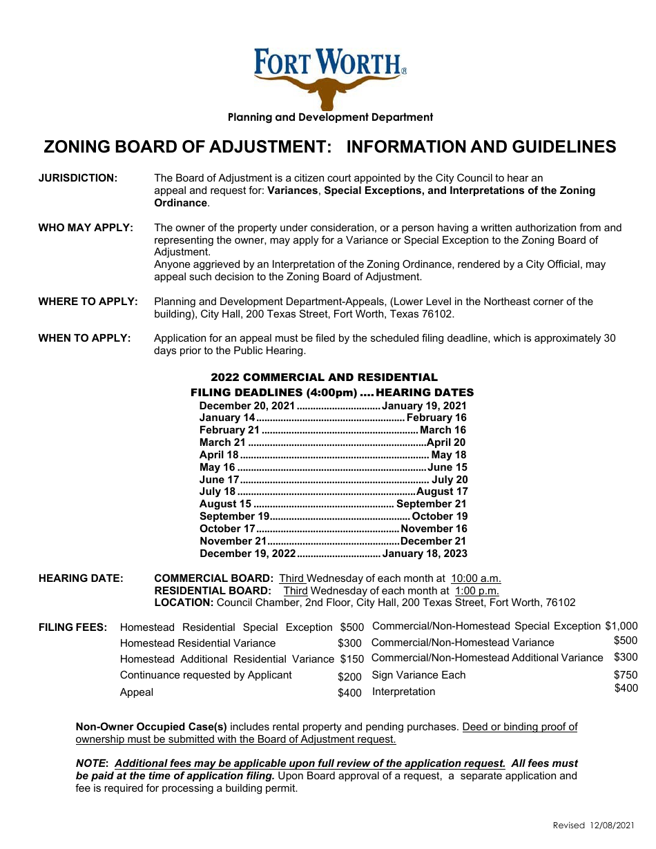 Application to the Zoning Board of Adjustment - City of Fort Worth, Texas, Page 1