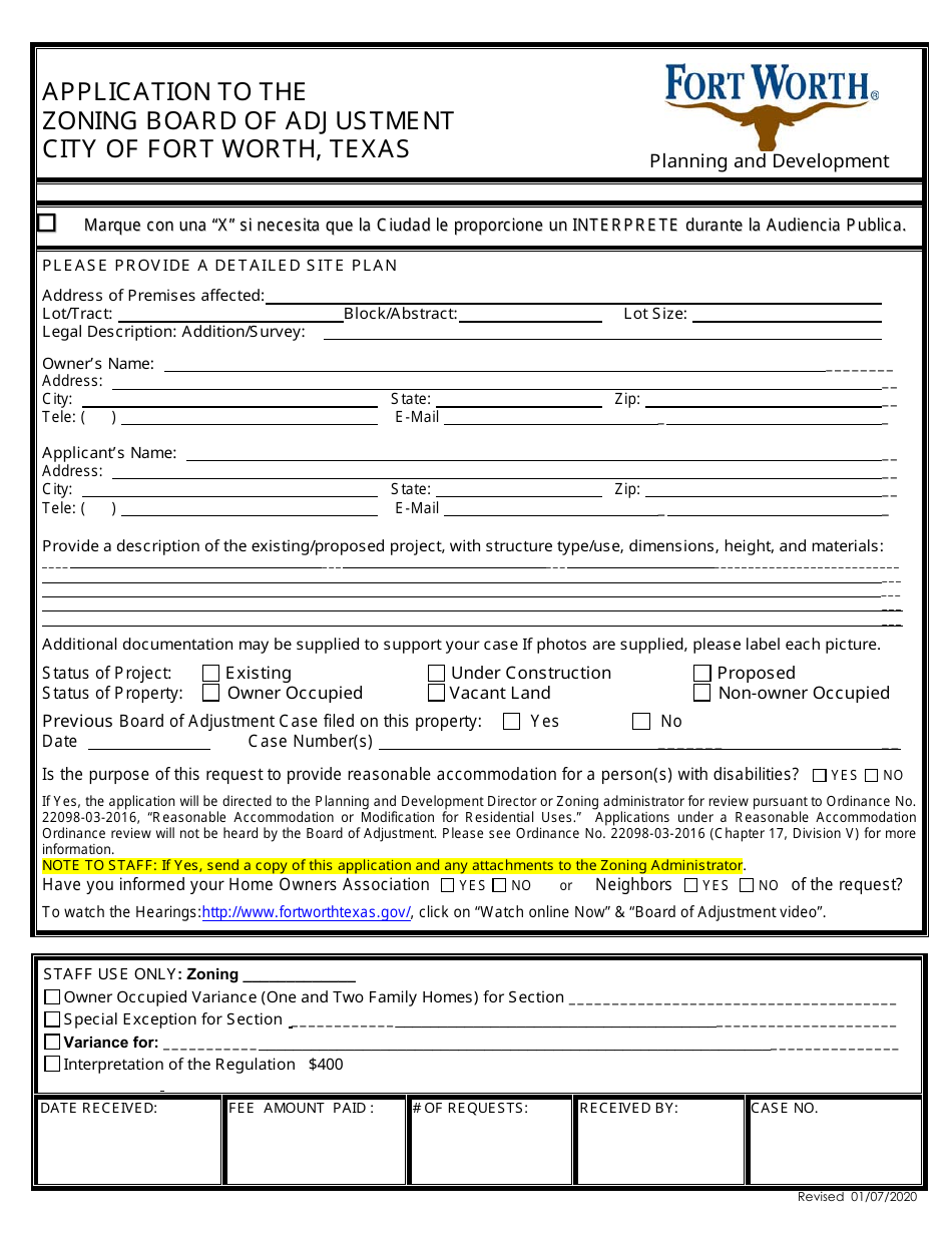 Application to the Zoning Board of Adjustment - City of Fort Worth, Texas, Page 3