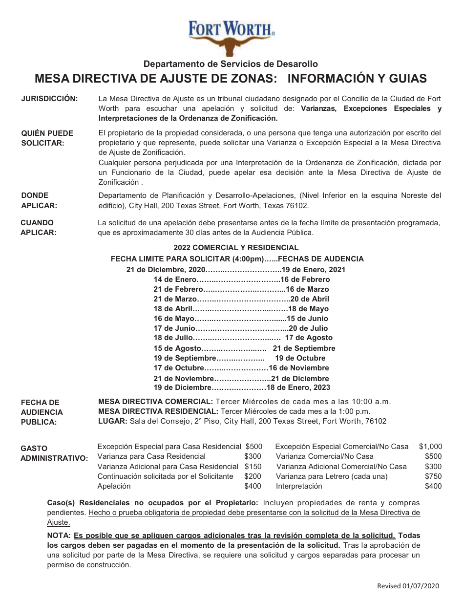 Solicitud a La Mesa Directiva De Ajuste De Zonificacion - City of Fort Worth, Texas (Spanish), Page 1